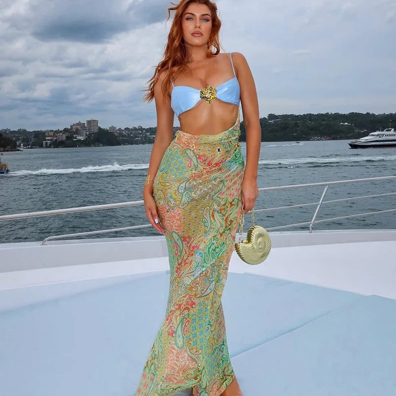 Sexy Summer Maxi Dresses Woman Paisley Print Cut Out Backless Long Dresses Sexy Beach Vacation Outfits