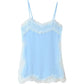 Women Lace Trim Satin High Low Tops Silk Spaghetti Strap Side Split Asymmetrical Cami Top Flowy Silky Layering Tops