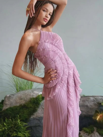 Elegant Off-shoulder Ruffle Sexy Maxi Dress Women Fashion Halter Sleeveless Backless Draped Pleated Club Party Dress