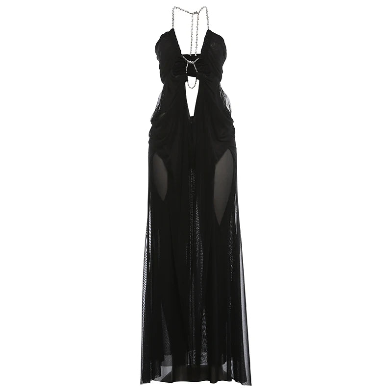 Sexy See Through Dress Women Sexy Halter Chain Backless Irregular Ruched Patchwork Vacation Birthday Party Clubwear