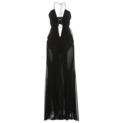 Sexy See Through Dress Women Sexy Halter Chain Backless Irregular Ruched Patchwork Vacation Birthday Party Clubwear