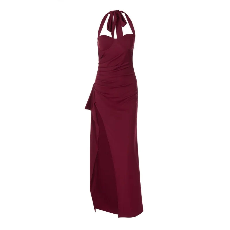Sexy Halter Backless High Split Maxi Dress Black Burgundy Elegant Party Dresses Woman 2025 Luxury
