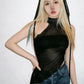 Mesh Sexy Tassel Hat+Vest Half Turtleneck Patchwork Irregular Hem Hip-Hop Style Music Festival Midnight Streetwear