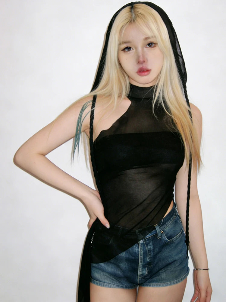 Mesh Sexy Tassel Hat+Vest Half Turtleneck Patchwork Irregular Hem Hip-Hop Style Music Festival Midnight Streetwear