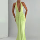 Deep V Neck Draped Ruched Sexy Maxi Dress Women Summer Fashion Halter Sleeveless Backless Club Party Long Dress Elegant