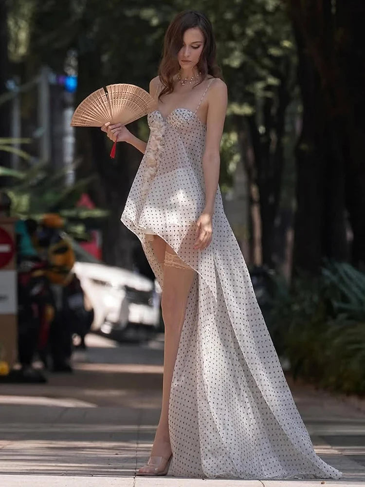 Polka Dot Print Dress Women Sexy See Through Ruffled Edge Patchwork Irregular Hem Fashion Elegant Party Club Bodycon
