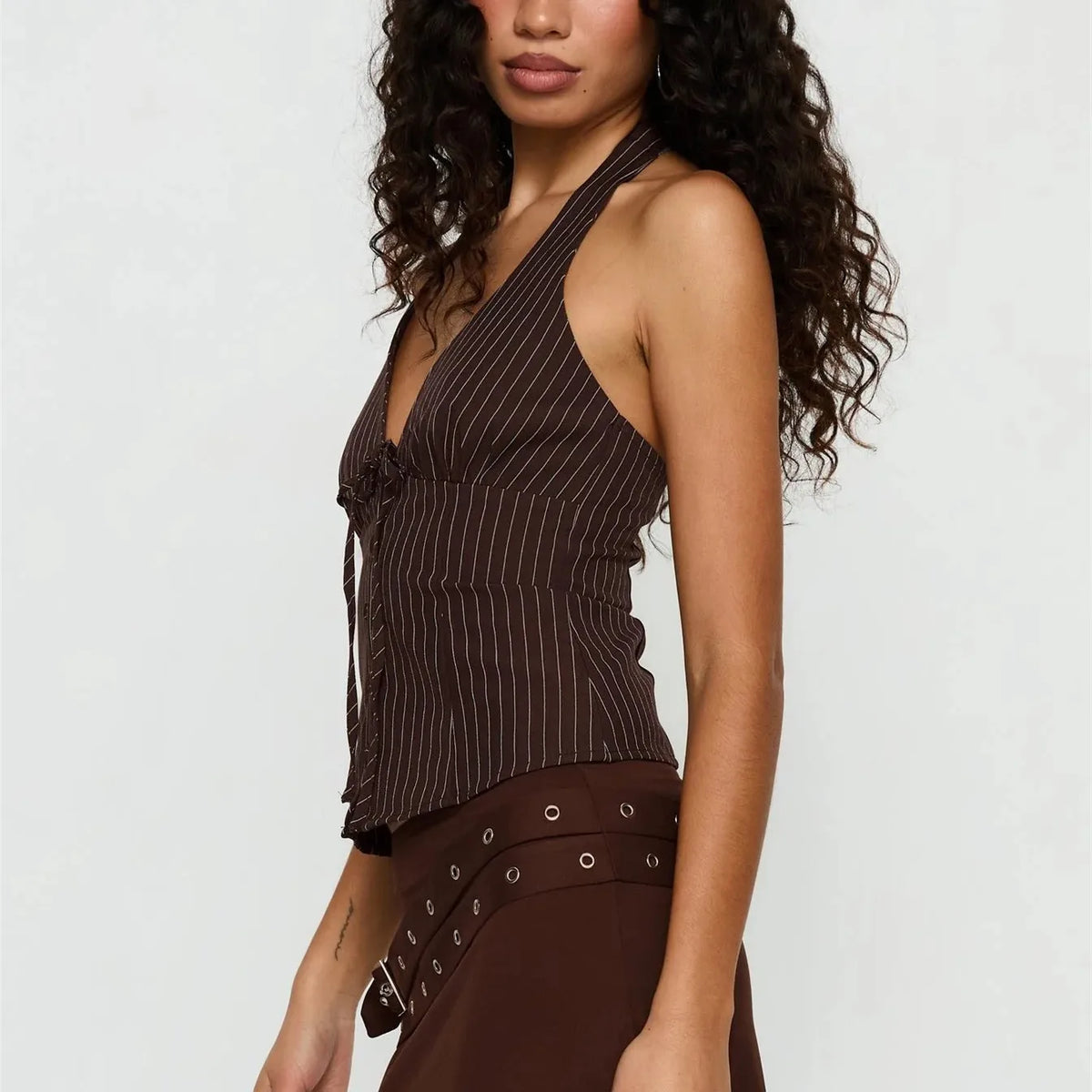 Retro Pinstripe Halter Neck Crop Top Women Deep V Tie Front Button Down Sleeveless Slim Fit Y2K Tank Vest Streetwear