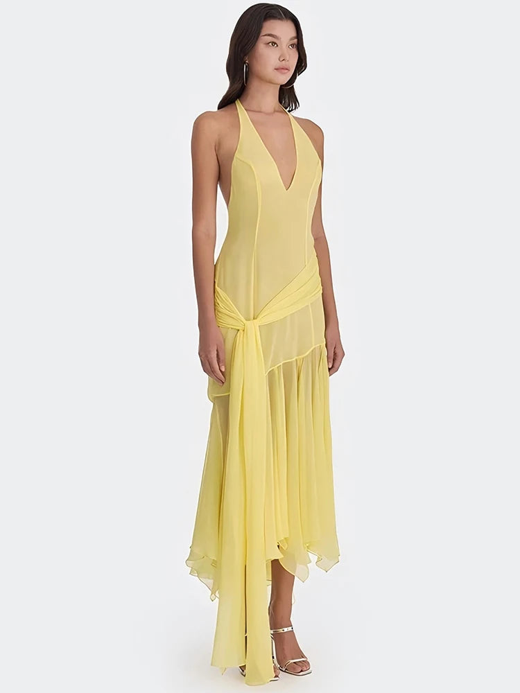 Halter V Neck Sexy Maxi Dress Women Gown Fashion Off-shoulder Sleeveless Backless Draped Ruched Club Long Dress Elegant