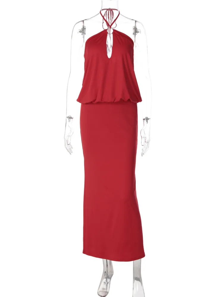 Women Halter Neck O‑Ring Keyhole Sexy Maxi Dress Sleeveless Blouson Bodycon Floor‑Length Evening Party Long Gown