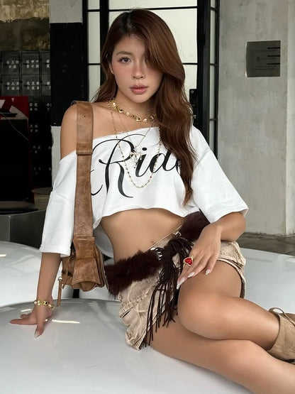 Biased Collar Crop Tops Women Daily Classic Letter Print Summer Trend Wild Street Skinny Simple Streetwear Soft Tees