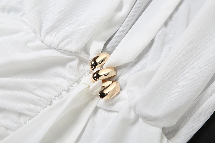 See Through Dress Women Sexy Deep V-Neck Long Sleeve Metal Trim Folds Ribbon Skinny Sexy Street Fall Trend Bodycon