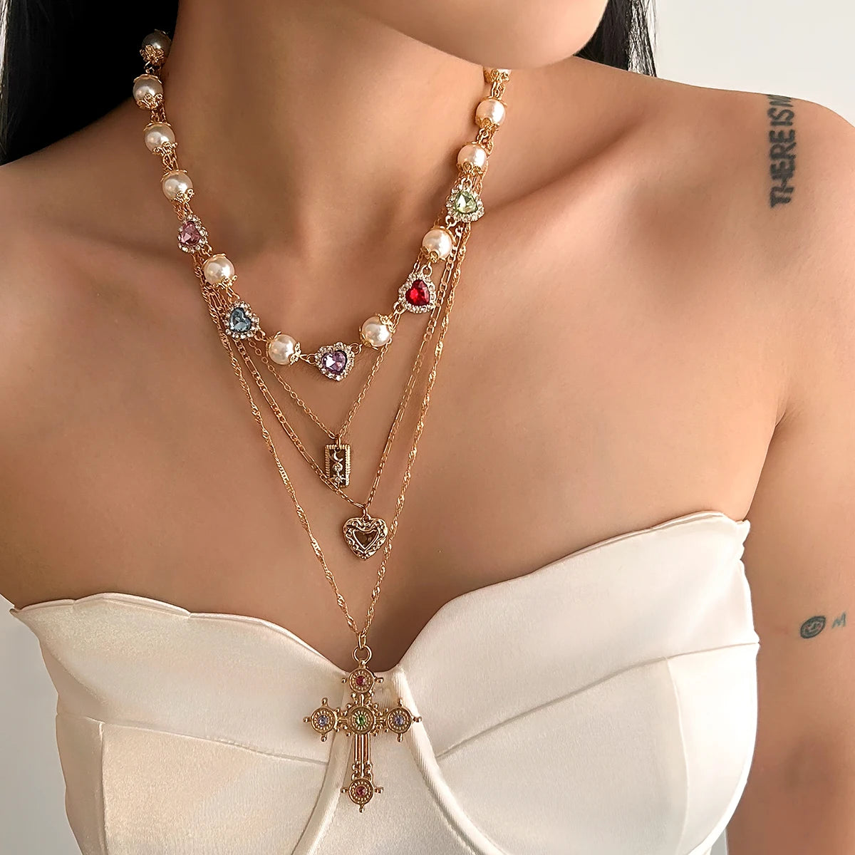Multilayer Rhinestone Love Heart Imitation Pearl Chain Necklace Women Creative Jesus Cross Pendant Choker Y2K Jewelry
