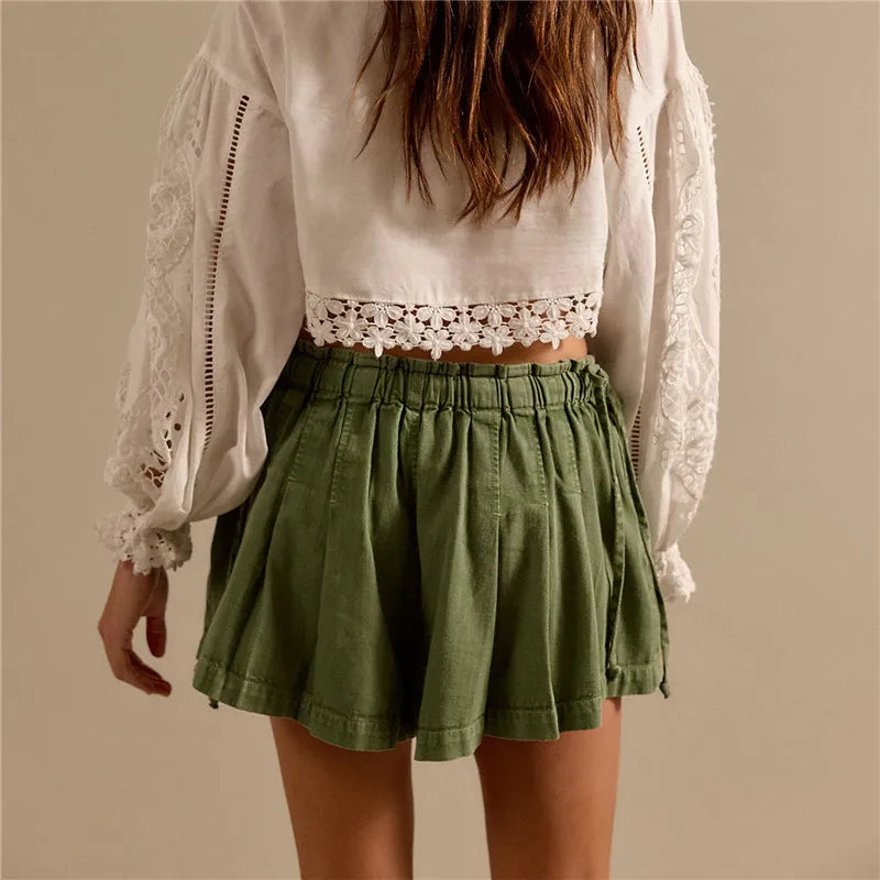 Women Y2K Retro Pleated Denim Shorts High Waist Elastic Waist Wide Leg Casual Shorts with Drawstring Pockets Streetwear