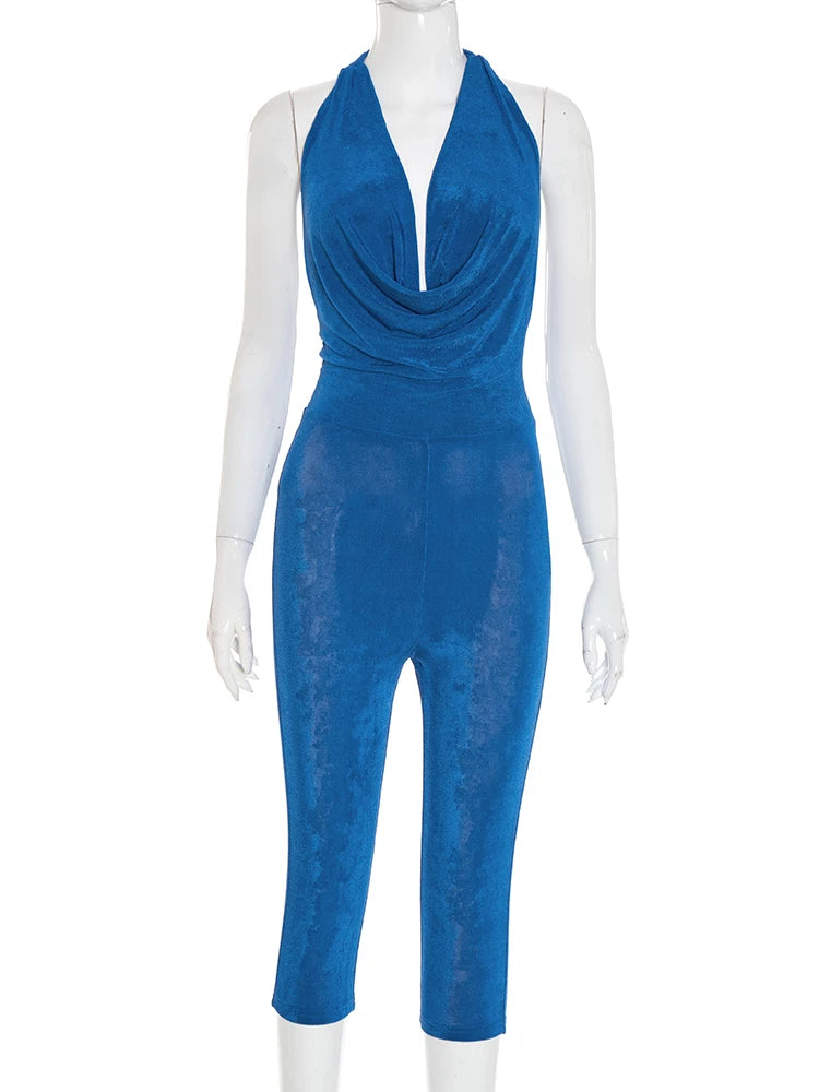 Sexy Swing Collar Playsuits Women Velvet Bandage Halter Backless Backless Tight Streetwear Stretch Workout Romper