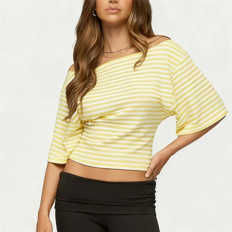 Women's Off Shoulder Striped Solid Mid Sleeve Top Loose Fit Cropped Blouse Casual Y2K Streetwear Summer Vacation Party
