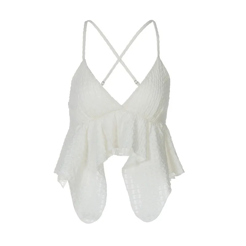 Coquette Tank Tops for Woman V Neck Irregular Hem Backless Crop Top Sexy Summer Camis