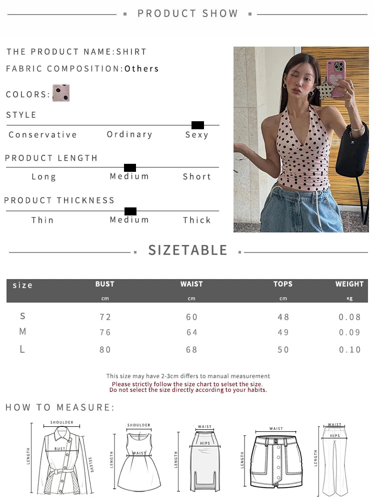 Polka Dot Print Vest Women Y2K Halter Backless Lace-Up v-Neck Skinny Summer Trend Daily  Street Basic Chic Tank Tops