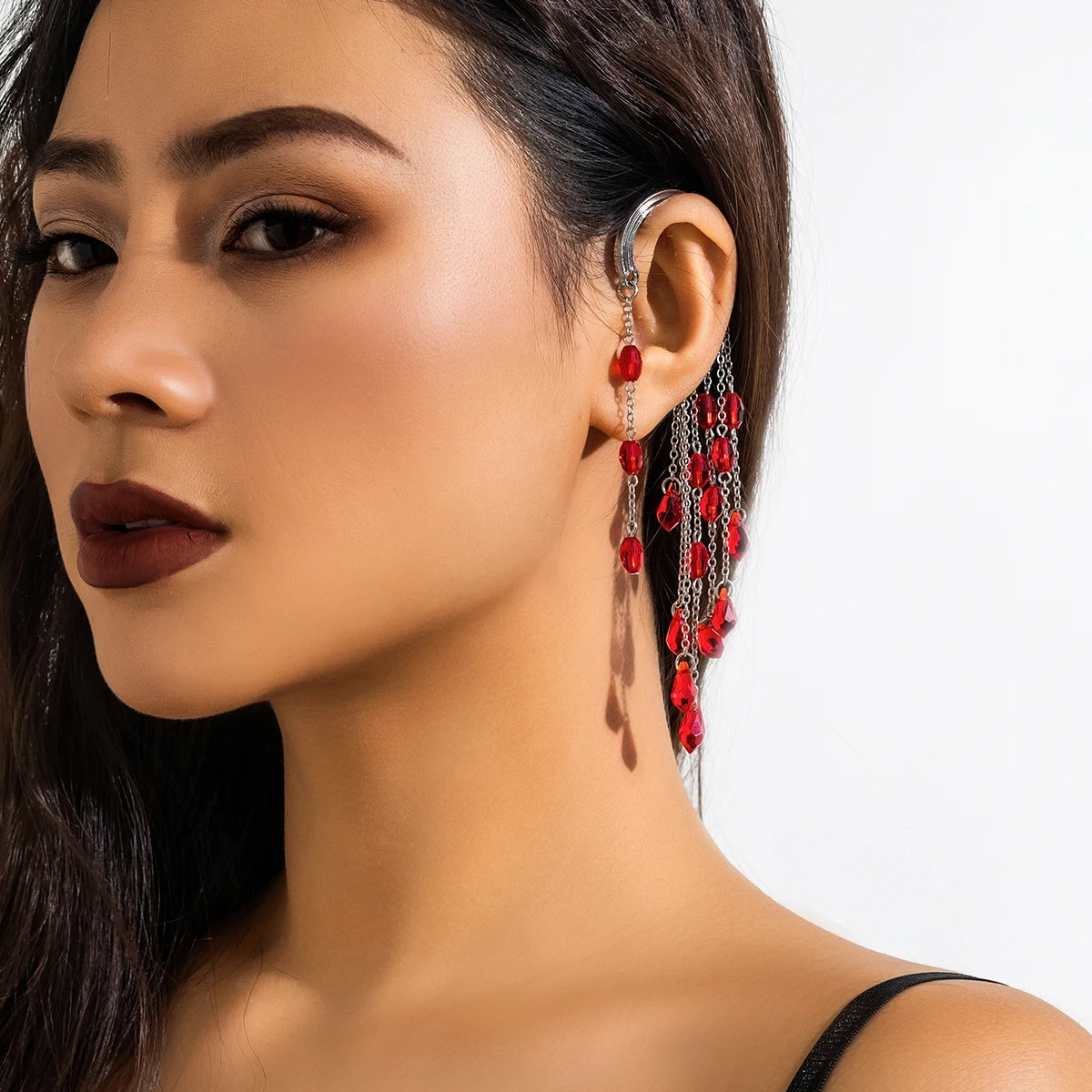 1PC Long Tassel Red Crystal Clip Earring for Women Wedding Bridal Elf No Piercing Fake Cartilage Ear Bone Clips Jewelry