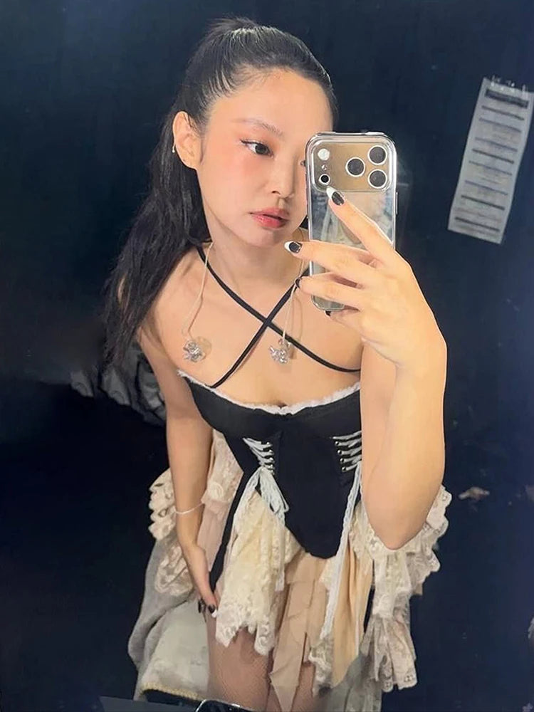 Fashion Halter Camisole Women Shirring Lace Patchwork Irregular Ruffle Hem Street Wild Music Festival Hottie Clubwear