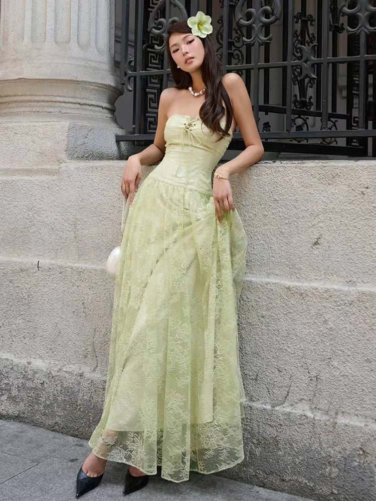 Sexy Strapless Maxi Dress Women Bandage Cross Patchwork Jacquard Backless Sleeveless Elegant Party Vacation Vestidos