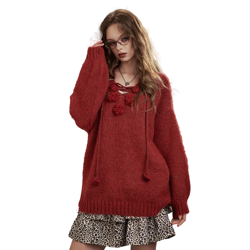 Y2K Design Loose Solid 3D Rose Drawstring Tie Sweater For Women