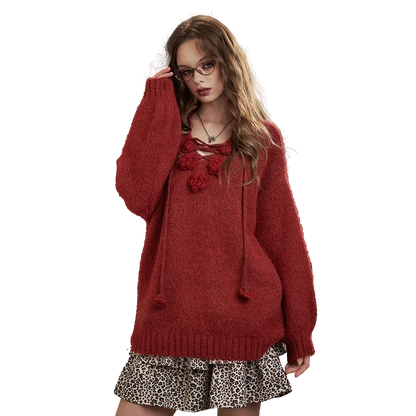 Y2K Design Loose Solid 3D Rose Drawstring Tie Sweater For Women