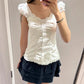Women Fairy Grunge Crop Top Vintage Lace Short Sleeve Shirt Aesthetic Patchwork Square Neck T-Shirt 90s Harajuku Shirt