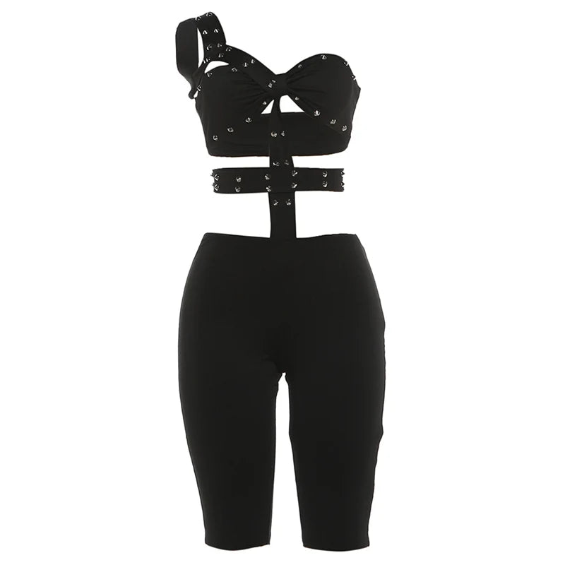 Rivet Sexy Halter Romper Women Backless Sleeveless Irregular Waistless Summer Sexy Skinny Clubwear Midnight Playsuits