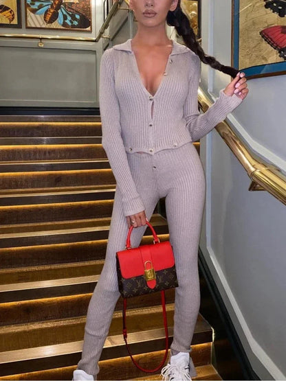 Button Ribbed Knitted Jumpsuit Two Piece Set Fall Winter Clothes Sexy White Long Sleeve Bodycon Jumpsuits