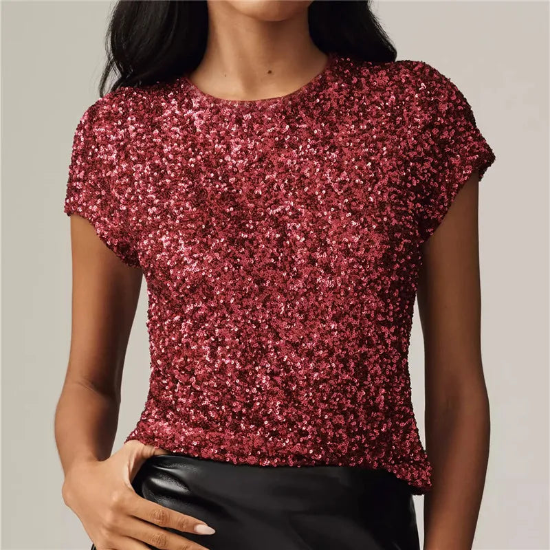 Women Sequin Glitter T Shirts Short Sleeve Round Neck Slim Fit Tee Tops Shiny Sparkly Party Club Shirts Y2K Streetwear