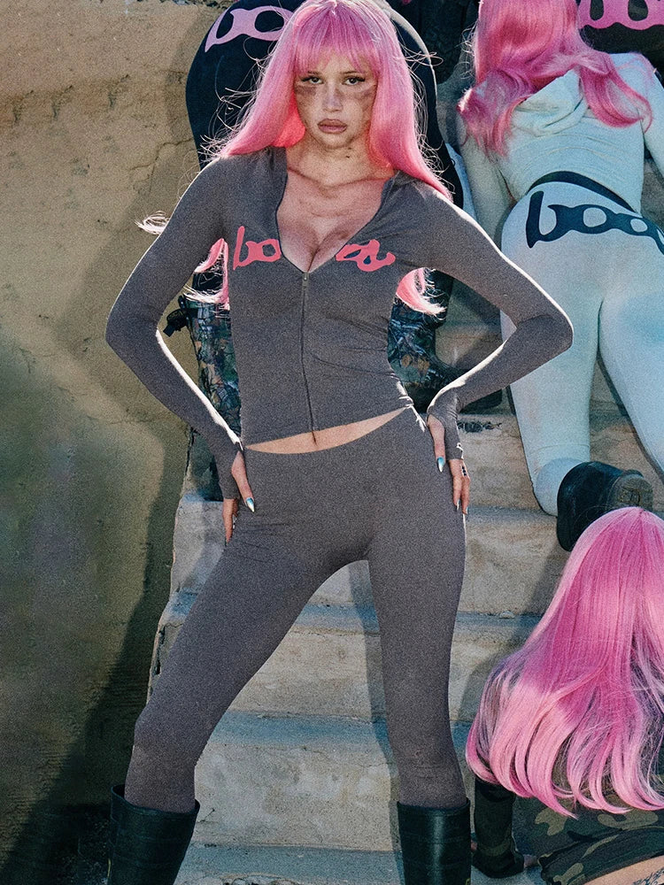 Stretch Letter Print 2 Piece Set Women Tracksuit Hooded Jacket+Leggings Matching Streetwear Skinny Casual Sporty Outfits