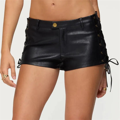 American Retro Motorcycle Style Faux Leather Low Rise Shorts Lace-Up Side Detail Mini Hot Pants Gothic Punk Streetwear