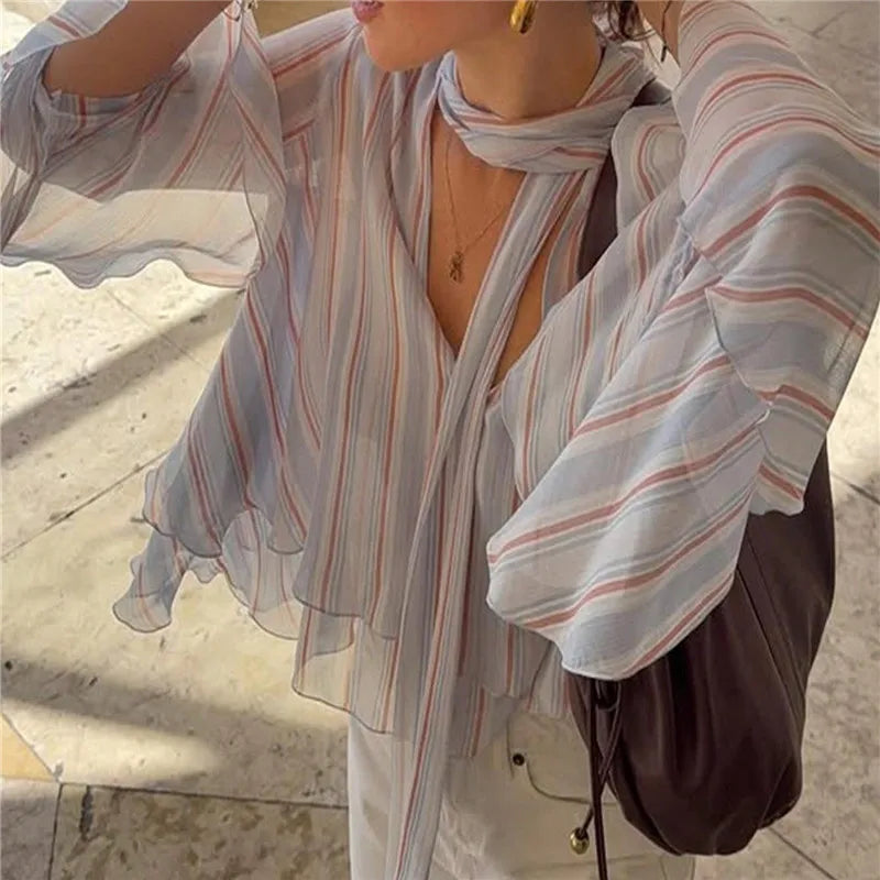 Women Striped Sheer Chiffon Blouse V Neck Neck Tie Ruffle Flare Long Sleeve Loose Cropped Casual Streetwear Office Tops