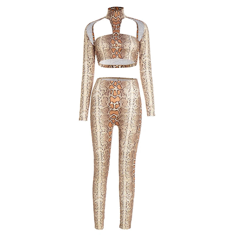 Hipster Snake Print 2-Piece Set Women Hollow Backless Chest Wrapped Crop Top+Leggings Sexy Stretch Clubwear Outfits