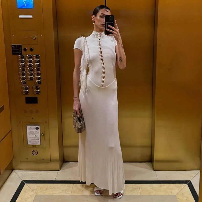 Button Hollow Short Sleeve Maxi Dress White Black Vintage Elegant Dresses for Women Clothes 2026