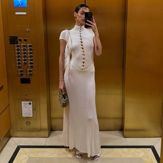 Button Hollow Short Sleeve Maxi Dress White Black Vintage Elegant Dresses for Women Clothes 2026