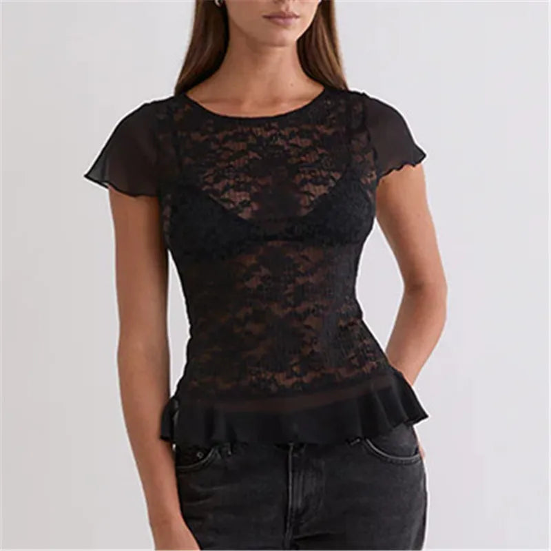 Women's Floral Lace Sheer T Shirt Blouse Short Sleeve Round Neck Ruffle Hem Fitted See-Through Top for Casual Party