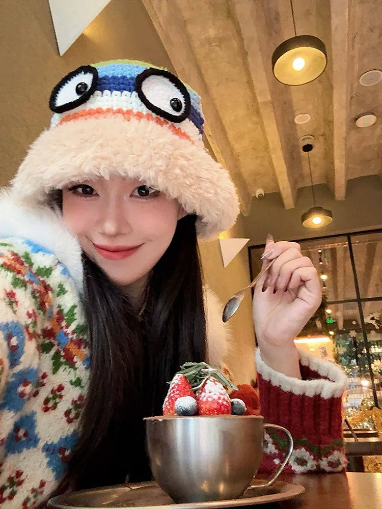 Cute Rainbow Striped Crochet Eye Plush Brim Hat For Women