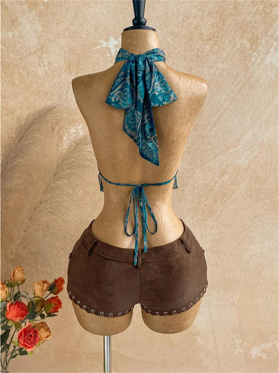 Sexy Print Backless Tank Top Women Hottie Halter Bandages Metal Buckle Hollow Irregular Hem Fashion Vacation Vest