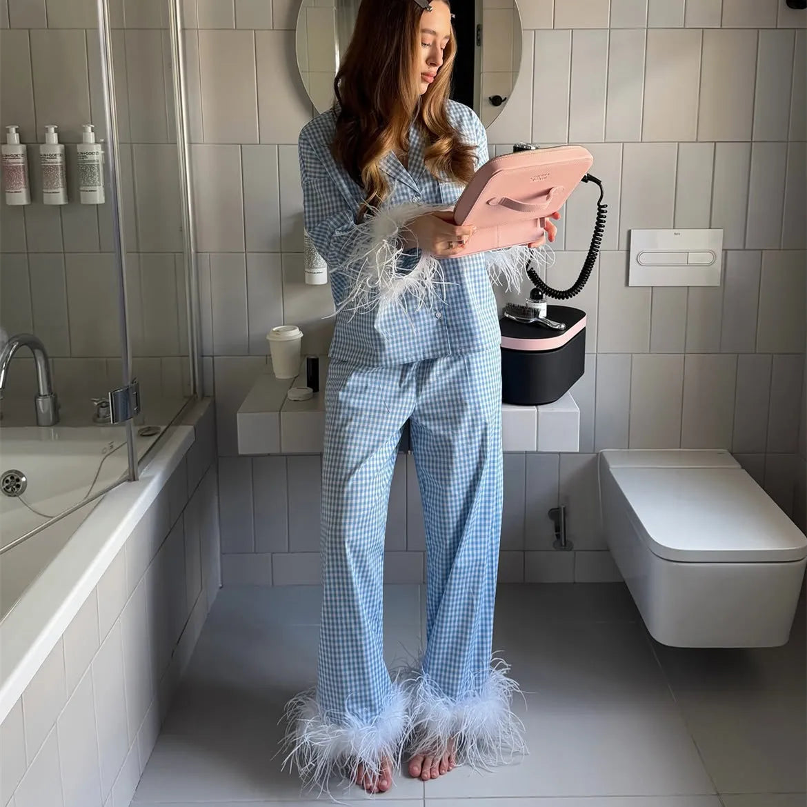 Women Feather Trim Satin Pajama Set Lapel Long Sleeve Top Wide Leg Pants Elegant Sleepwear Bachelorette Party Nightwear