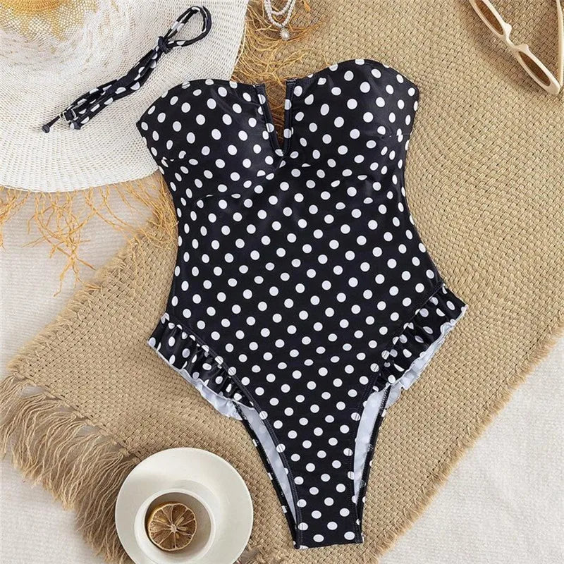 Polka Dot Swimsuit Strapless V Neck Ruffle Trim Tummy Control Bathing Suit for Women Beachwear Summer Vacation PoolParty