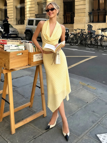 Ruched Elegant 2 Piece Set Woman Polka Dot Print Halter Backless Tank Tops+Elastic Waist Long Skirts Y2K Style Suits