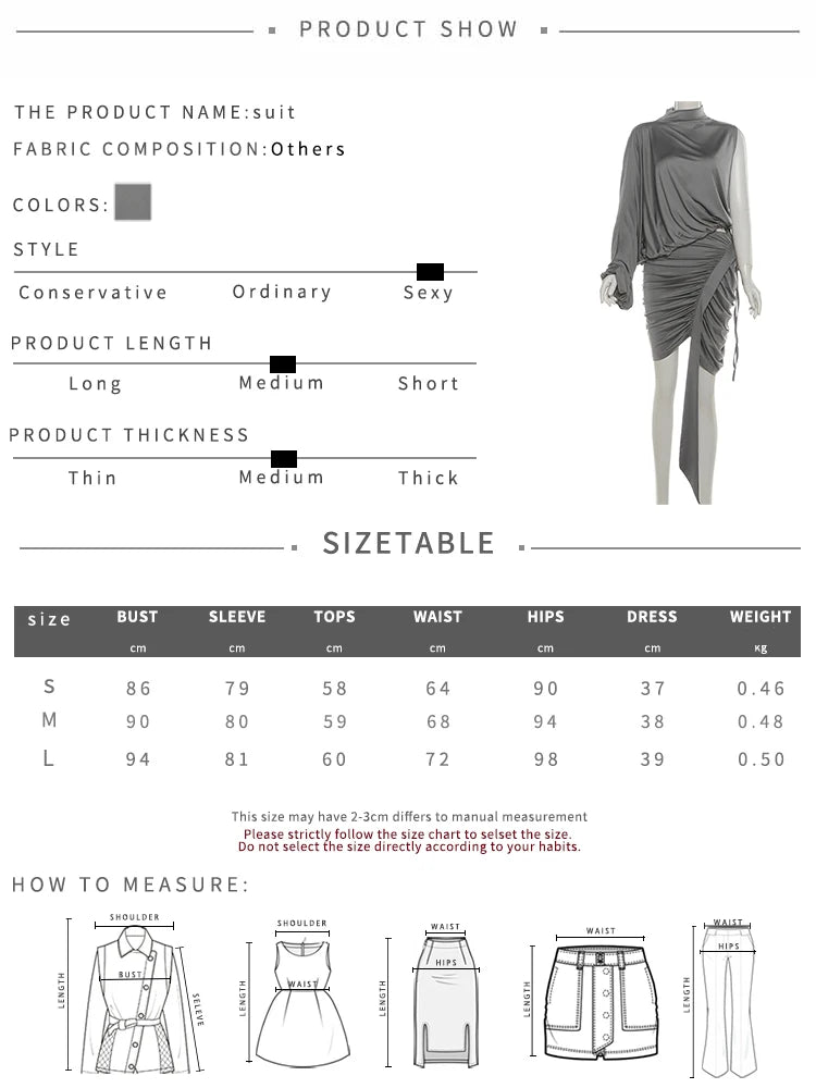 Sexy Irregular 2-Piece Set Women One shoulder Top+Shirring Ruched Peach Hip Skirt Matching Streetwear Elegant Outfits