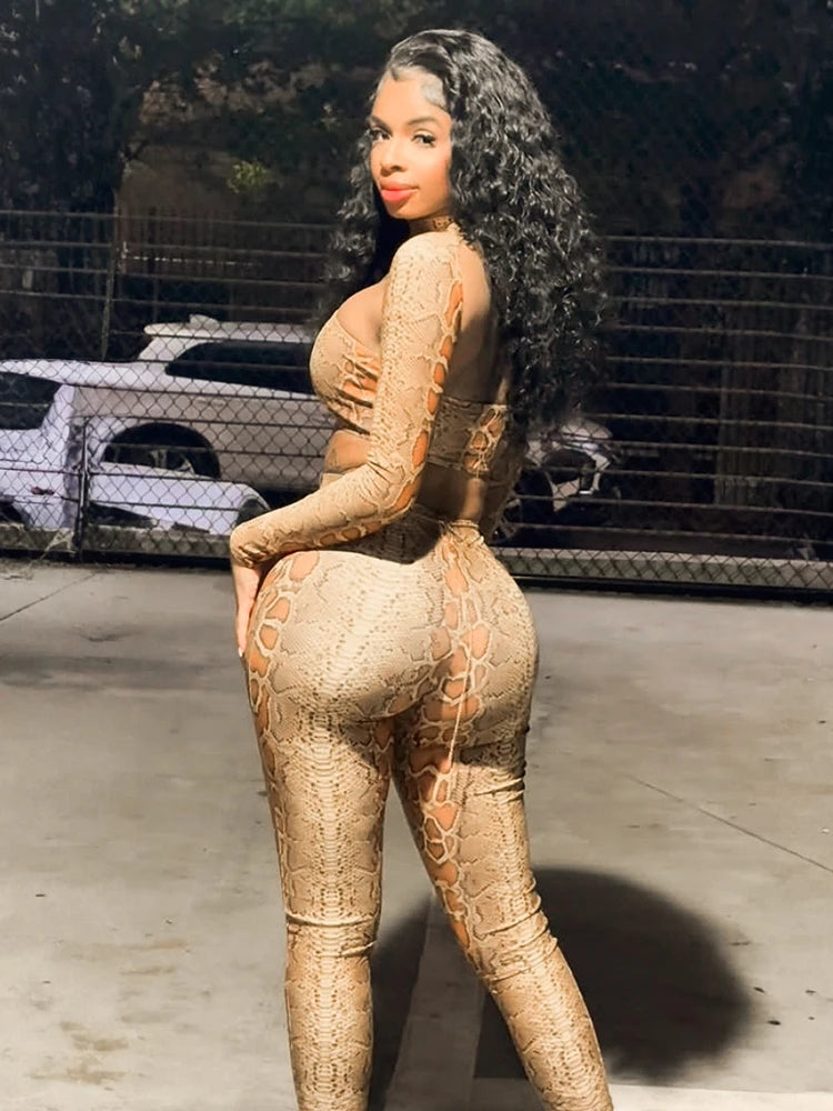 Hipster Snake Print 2-Piece Set Women Hollow Backless Chest Wrapped Crop Top+Leggings Sexy Stretch Clubwear Outfits