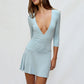 Women Deep V Wrap Sexy Mini Dress Elegant 3/4 Sleeve Ruched Waist Tie Back Flared Hem Casual Club Party Short Dress