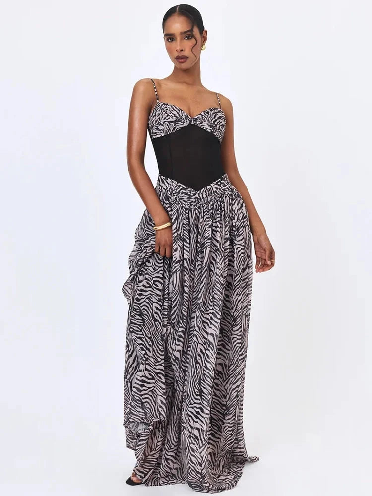 Women Zebra Print Spaghetti Strap Sexy Maxi Dress Mesh Patchwork Sweetheart Neck Sleeveless High Waist Long Party Dress