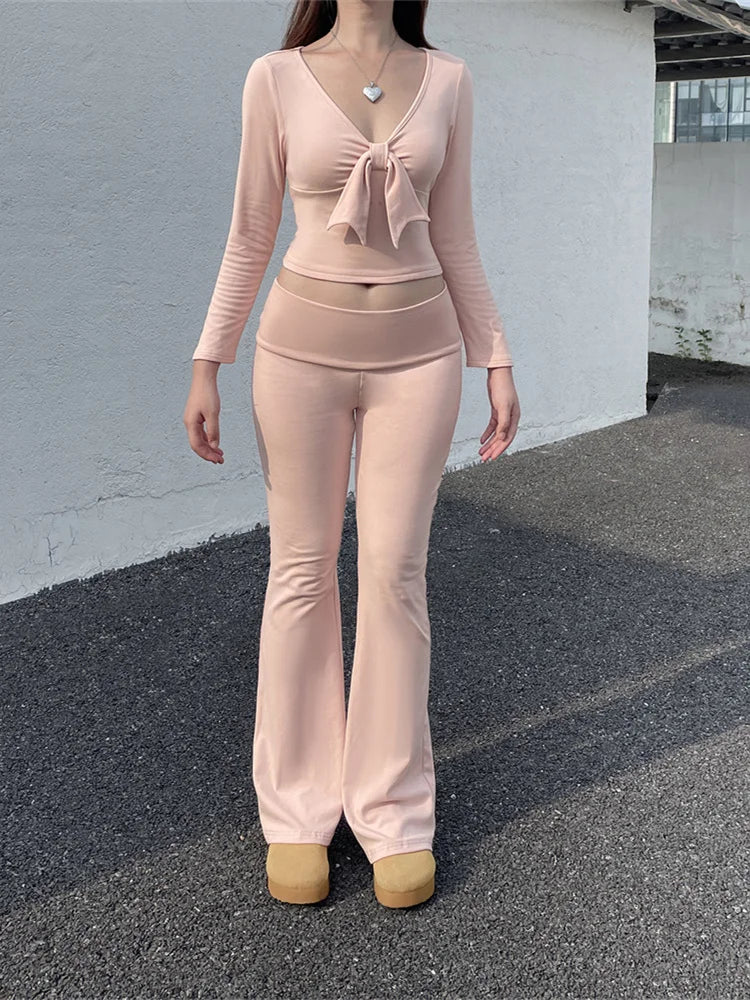 Autumn New Trend Women 2 Piece Set Tracksuit Bow Crop Tops+Flare Pants Matching Streetwear Simple Casual Stretch Outfits