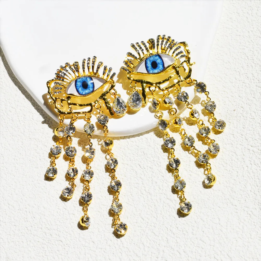 Vintage Metal Alloy With Rhinestone Big Eyes Dangle Earrings For Women Fashion Jewelry Exaggerated Lady Ears' Accessory