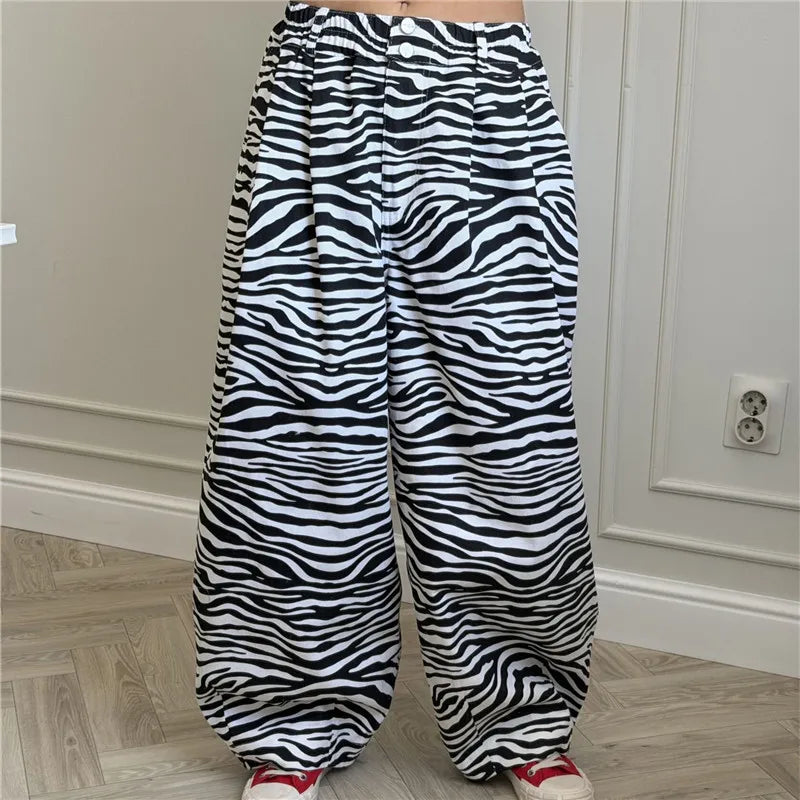 Harajuku Women Cow Print Zebra Print Baggy Wide Leg Pants Elastic High Waist Pleated Oversized Casual Long Trousers