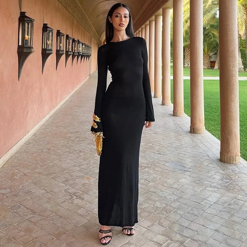 Sexy Long Sleeve Open Back Maxi Dress Elegant Black Party Dresses Autumn 2025 Woman Clothing